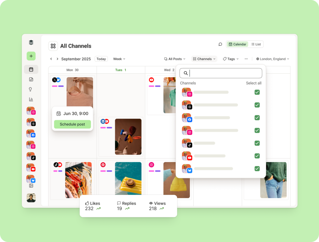 Buffer social media calendar in weekly view showing scheduled posts across Instagram, Facebook, Threads and Mastodon at set times through the week