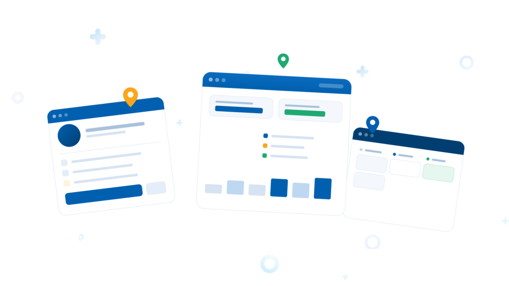 Three CRM screen mockups with location pins representing remote sales team members using a CRM across different locations.
