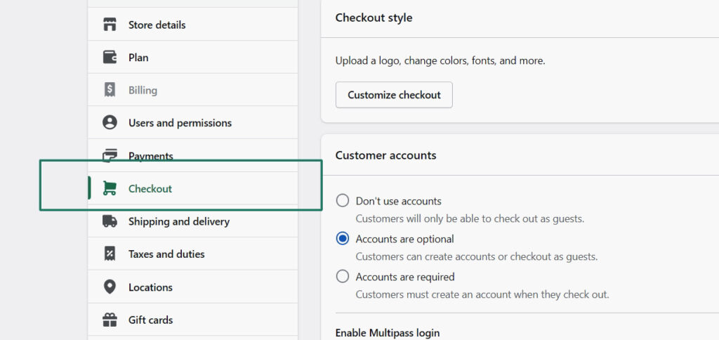 SMS marketing best practices: A settings menu highlights “Checkout.” On the right, “Customer accounts” options are shown, with “Accounts are optional” selected, allowing guests or account holders to check out.