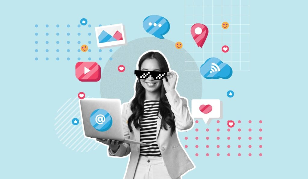 A woman holding labtop surrounded by social media icons, Social media marketing concept, Influence, Blogging, Online communication, Contemporary art collage