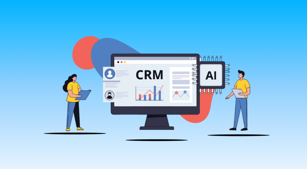 A woman stands next to an oversized computer showcasing CRM and a man stands next to an AI circuit, showing a comparison between the two.