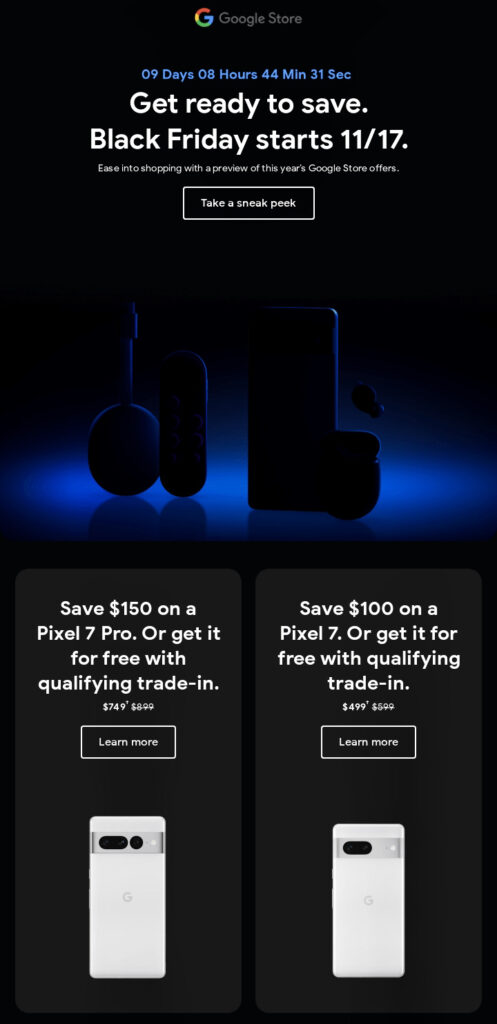 Black Friday ideas for small business: Google Store Black Friday preview with blue-lit silhouettes of Google devices. Two offers: Save $150 on Pixel 7 Pro or $100 on Pixel 7, or get them free with qualifying trade-in. Black background, countdown timer, Take a sneak peek button.