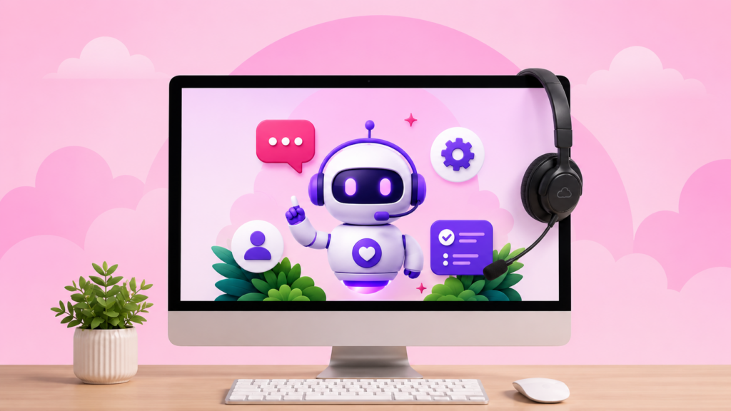 Illustration of an AI customer support agent in a computer office setting with a headset on top.
