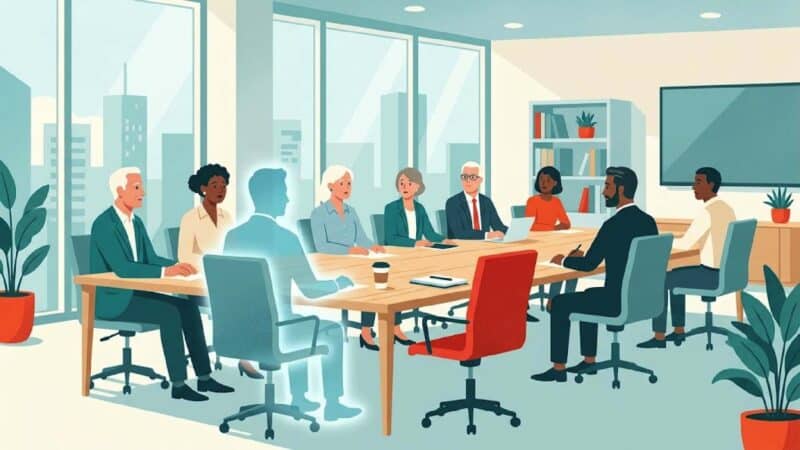 executives sitting around a boardroom table and one seat holds the outline of a person who has just vanished