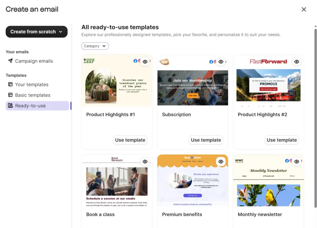 Email platform interface showing six ready-to-use email templates with options to preview and use each template.